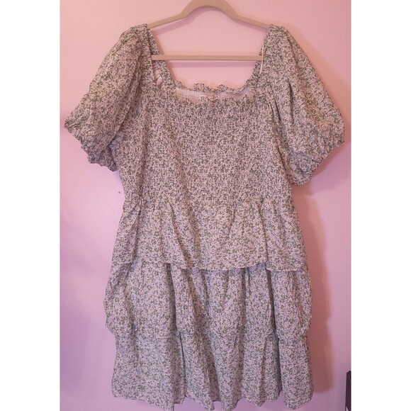 English Factory Anthropologie Puff Sleeve Dress Ditsy Floral Green Blue 3X Smock - Picture 1 of 10
